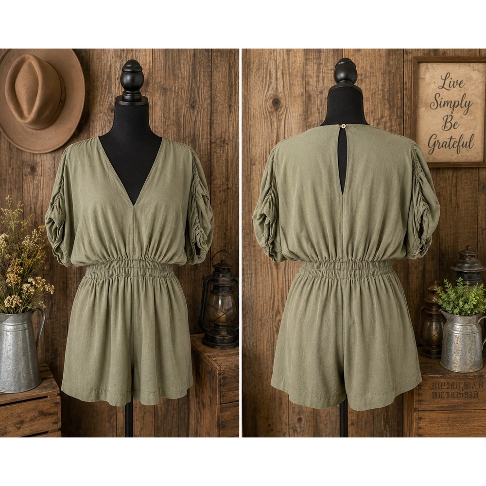 Very J Sage Green Smocked Waist V-Neck Romper with Pockets Boho Utility Size Med